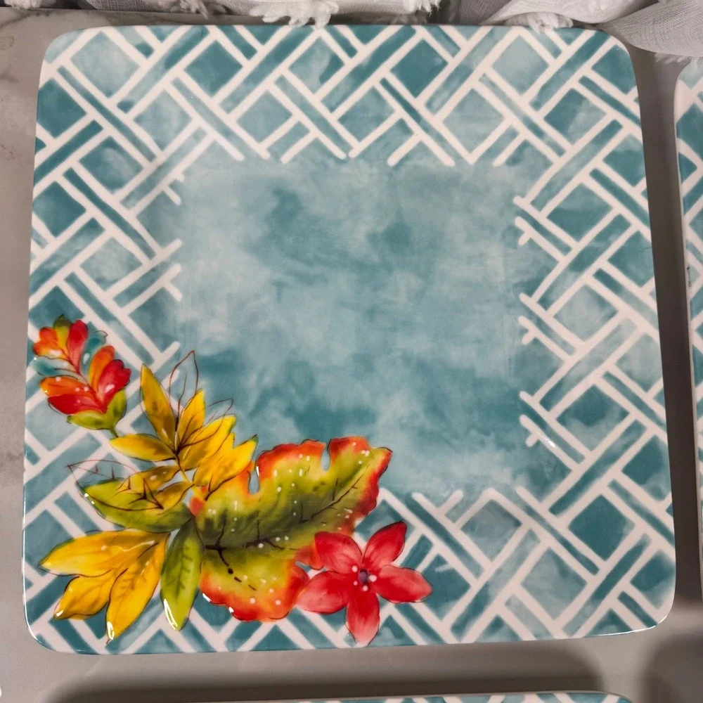 Laurie Gates Tropicalla Square Melamine Dinner Plates Tropical‎ Patio Set of 4